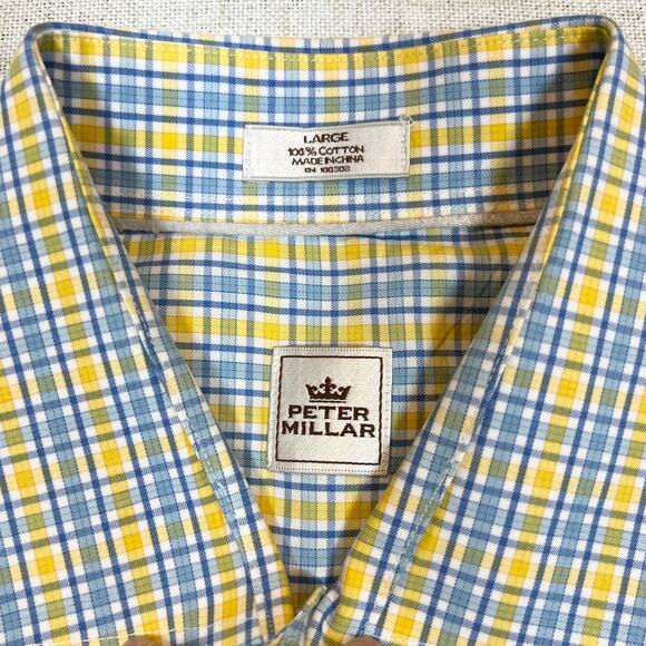 Peter Millar Mens Dress Shirt Size L Button Down log sleeve Blue Yellow Check - Picture 3 of 7